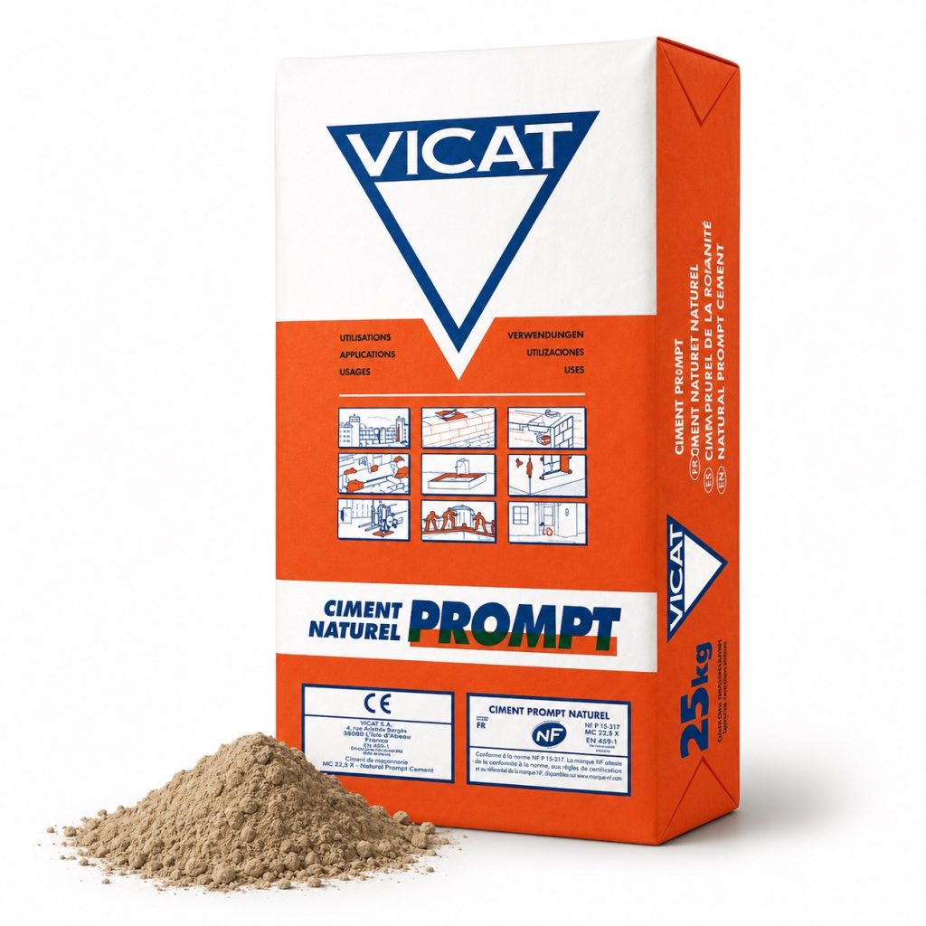 Vicat Prompt natuurlijk cement met hoopje Romeins cement