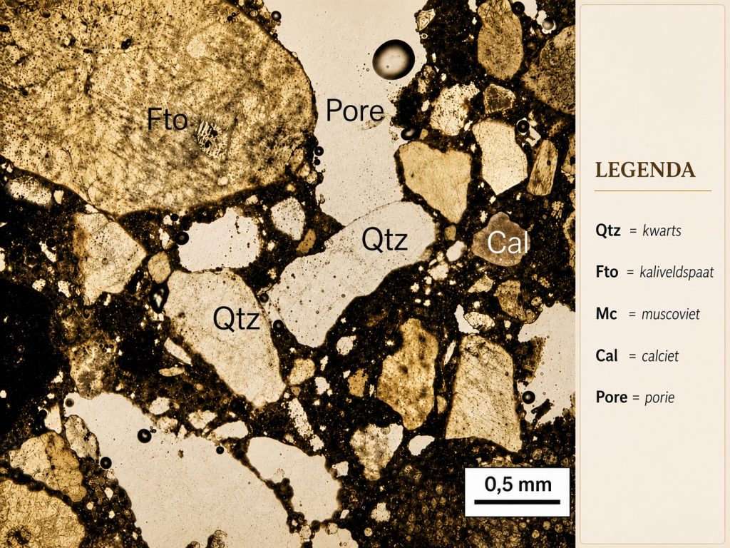 Petrografische dunne doorsnede van historische mortel met kwarts, kaliveldspaat, calciet en poriën