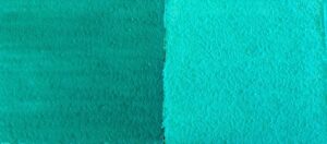 Bleu Canard pigment. Foto links: het pigment wordt gemengd in de Badisof Plus (kant-en-klare kalkverf die je in ons deco-assortiment vindt) in een verhouding van 5%, dus 50 g pigment per kilo witkalk. Foto rechts: het pigment wordt gemengd in de Badisof Plus in een verhouding van 20%, dus 200g pigment per kilo witkalk.