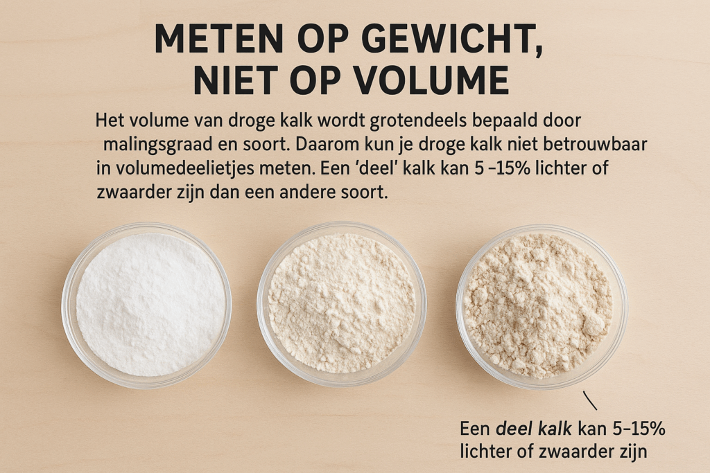 Het volume van droge kalk wordt grotendeels bepaald door malingsgraad en soort. Daarom kun je droge kalk niet betrouwbaar in volume meten. Een “volume deel” kalk kan 5–15% lichter of zwaarder zijn dan een andere soort.