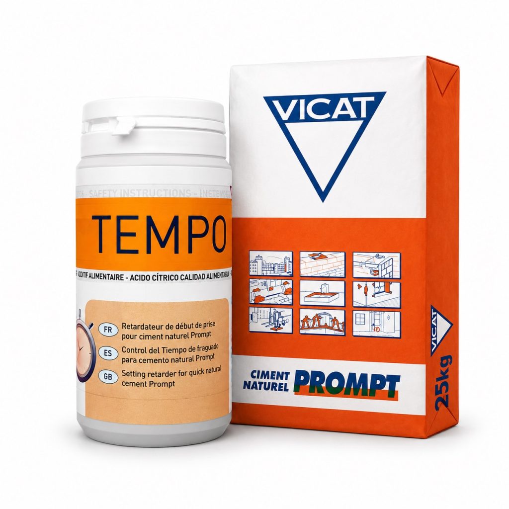 Vicat Tempo bindingsvertrager in flacon naast Vicat Prompt natuurlijk cement