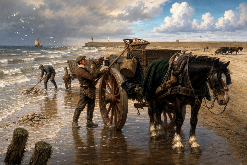 Schelpenvissers met paard en wagen aan de Noordzeekust voor de historische productie van schelpkalk.