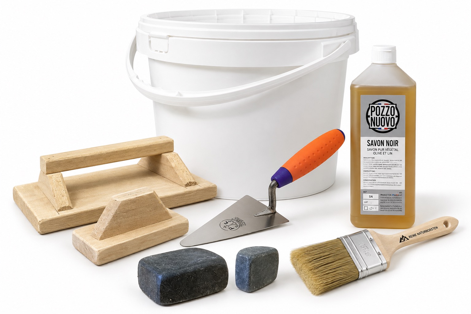 Tadelakt Toolkit met cederhouten spanen, galets, troffel, kwast en zwarte zeep