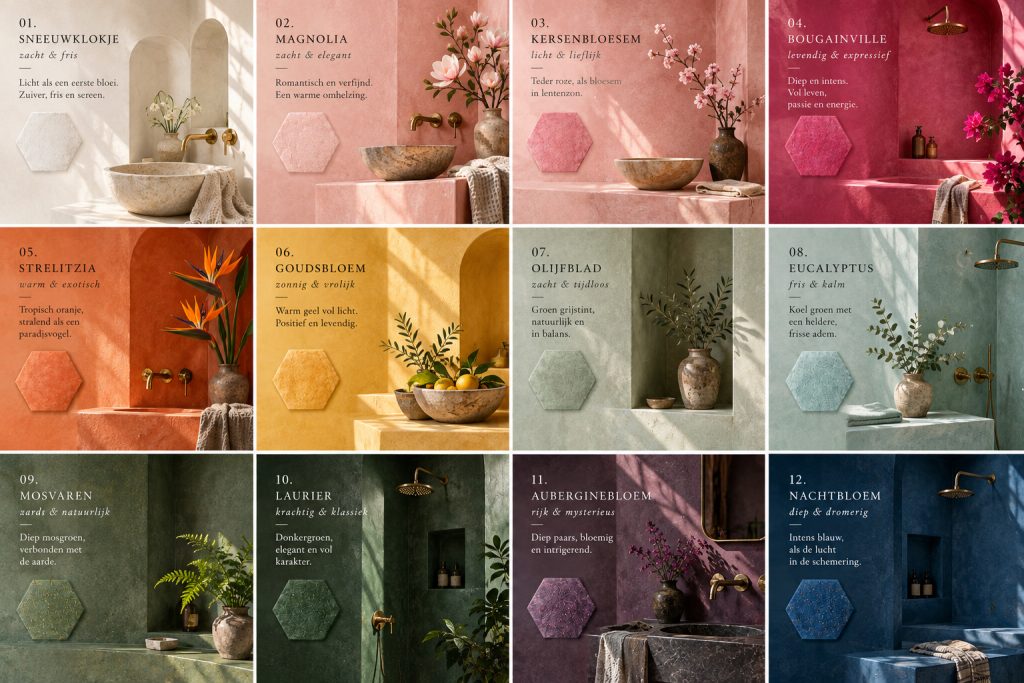 HORTUS Tadelakt collectie in 12 botanische kleuren