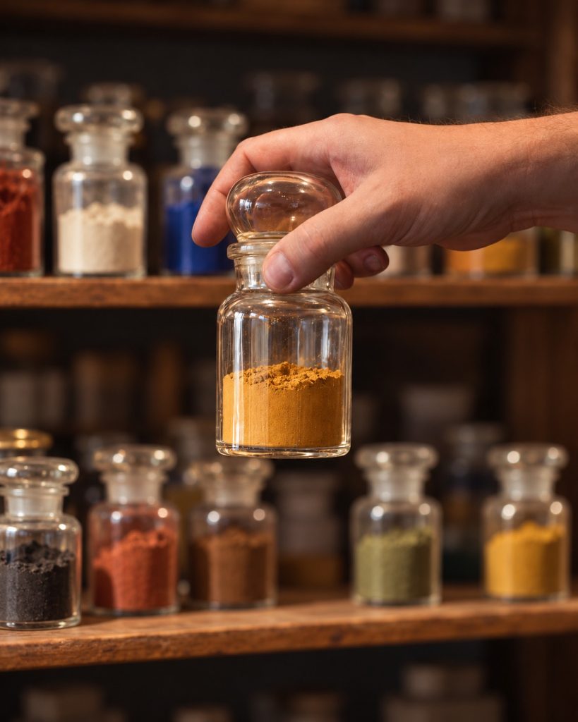 Glazen stopflessen met glazen stop voor het bewaren en presenteren van natuurlijke en minerale pigmenten. Kopiëren